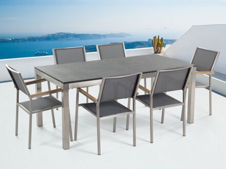 Tuinset gebrand graniet/RVS zwart enkel tafelblad 180 x 90 cm met 6 stoelen grijs GROSSETO