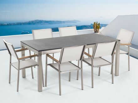 Tuinset gebrand graniet/RVS zwart enkel tafelblad 180 x 90 cm met 6 stoelen wit GROSSETO grijs