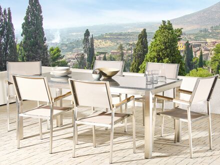 Tuinset gepolijst graniet/RVS grijs enkel tafelblad 180 x 90 cm met 6 stoelen beige GROSSETO