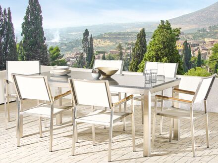Tuinset gepolijst graniet/RVS grijs enkel tafelblad 180 x 90 cm met 6 stoelen wit GROSSETO