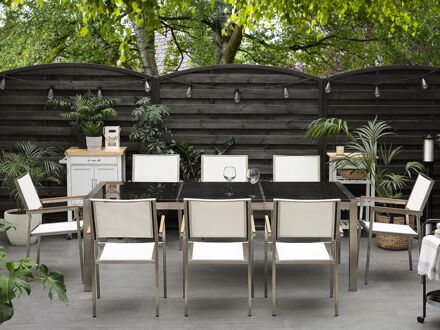 Tuinset gepolijst graniet/RVS zwart driedelig tafelblad 220 x 100 cm met 8 stoelen wit GROSSETO