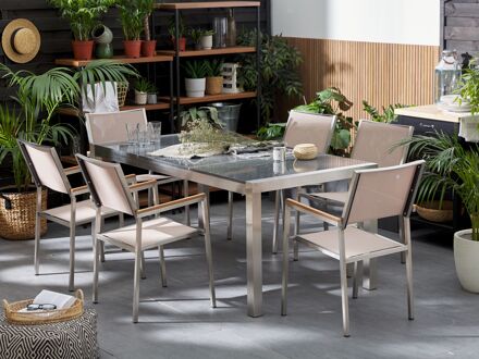 Tuinset granieten tafelblad 180 x 90 cm, 6 stoelen beige GROSSETO
