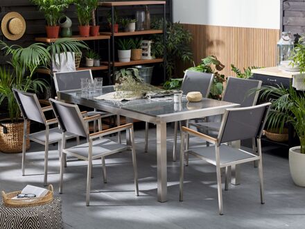 Tuinset granieten tafelblad 180 x 90 cm, 6 stoelen grijs GROSSETO