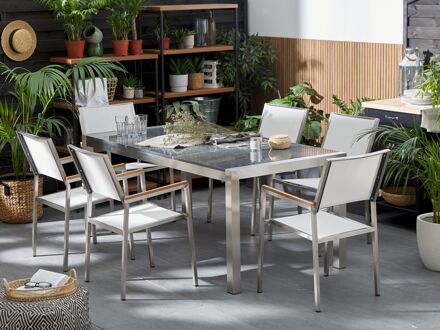Tuinset granieten tafelblad 180 x 90 cm, 6 stoelen wit GROSSETO grijs