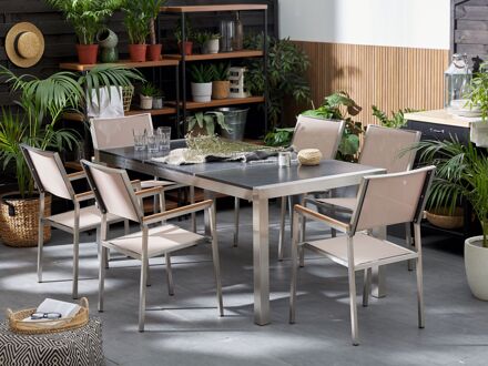 Tuinset granieten tafelblad 180x90 cm, 6 stoelen beige GROSSETO grijs