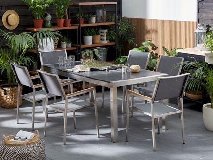 Tuinset granieten tafelblad 180x90 cm, 6 stoelen grijs GROSSETO