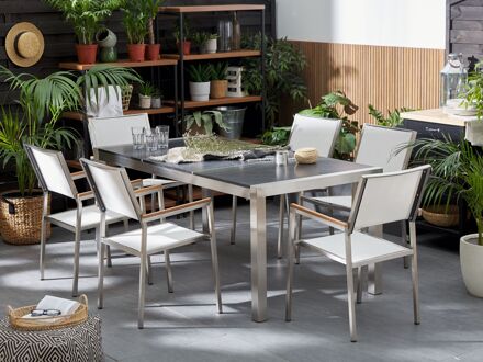 Tuinset granieten tafelblad 180x90 cm, 6 stoelen wit GROSSETO grijs