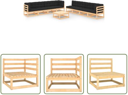 Tuinset Grenenhout 70x70 - Antraciet - 5 Middenbank + 3 Hoekbank + 1 Tafel - 8 Zitkussen + 11 Grijs