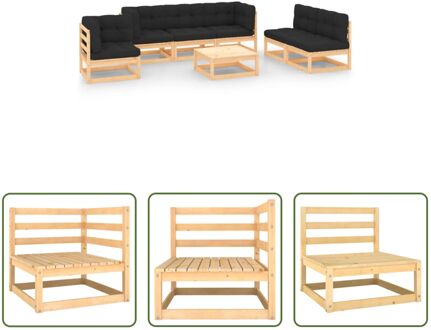 Tuinset Grenenhout - Antraciet - 3 Middenbank - 3 Hoekbank - Tafel - 70x70x67cm - 6 zitkussen - 9 Grijs