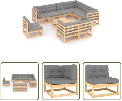 Tuinset Grenenhout - Hoekbank + Middenbank + Tafel - Grijs Kussen - 70x70x67 cm - Montage vereist