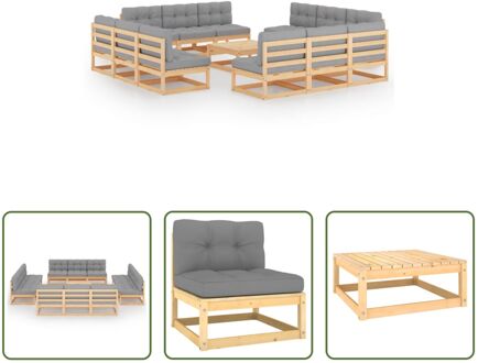 Tuinset Grenenhout - Modulair - Grijs - 12x Middenbank - 1x Tafel - 12x Zitkussen - 12x Rugkussen