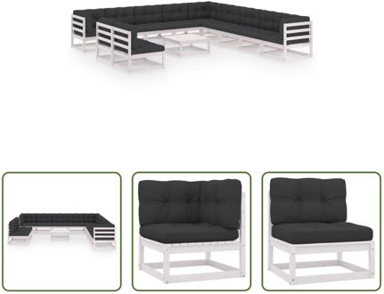 Tuinset - Grenenhout - Wit - Hoekbank + Middenbank + Tafel - 70x70x30 cm - Kleur kussen- Antraciet