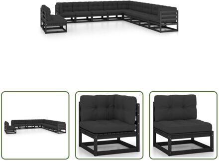 Tuinset - Grenenhouten Lounge - Zwart - Hoekbank + Middenbank + Kussens - 70x70x67 cm