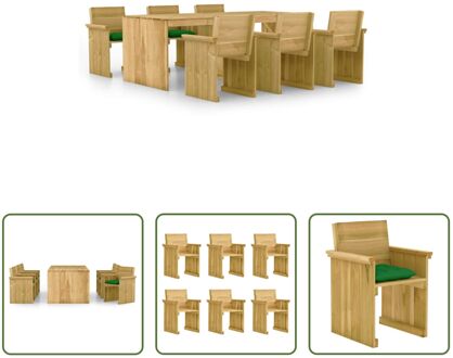 Tuinset Grenenhouten Tafel 220x101.5x80 cm - 6 Stoelen - Groen Kussen