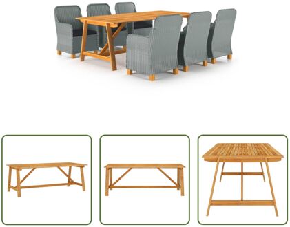 Tuinset I Acaciahout I Rond PE-rattan I Lichtgrijs I Zwart I 206x100x74 cm I 62x65x92 cm I 6 stoelen I