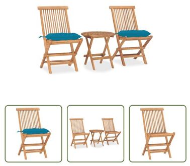 Tuinset Inklapbaar Tafel 50x50cm Stoelen 46x62cm - Lichtblauw kussen Hard teakhout