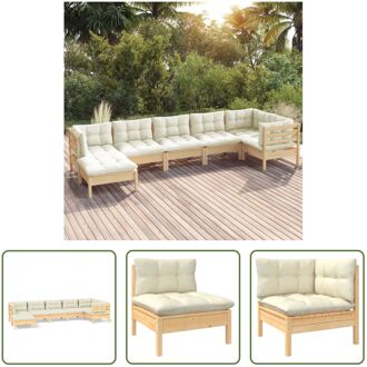 Tuinset Lounge Grenenhout - Hoekbank - Middenbank - Voetenbank - Crème Kussen - 63.5x63.5x62.5 cm