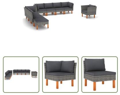 Tuinset Loungebank - Grijs - 3 hoekbanken - 4 middenbanken - 1 bank - 1 voetenbank - PE-rattan