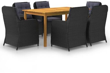 Tuinset - Massief acaciahout - PE-rattan - Zwart - 150 x 90 x 74 cm - Inclusief 6 stoelen - Inclusief