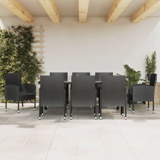 Tuinset - Poly Rattan - 200 x 100 x 74 cm - Zwarte stoelen - Gehard glazen tafelblad
