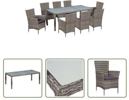 Tuinset - Poly Rattan - Eettafel 190x90x75 cm - 8 Stoelen - Grijs