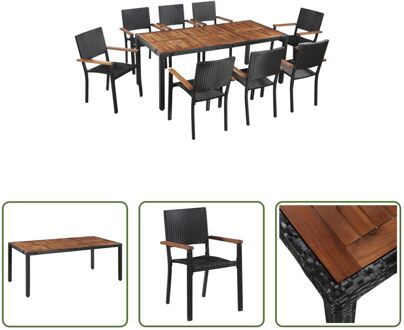 Tuinset Poly Rattan - Eettafel 190x90x75 cm - 8 Stoelen - PE Rattan - Acaciahouten Tafelblad - Zwart