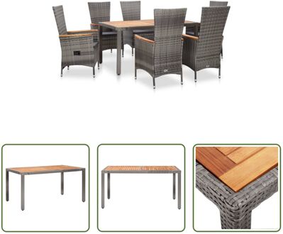 Tuinset - Poly Rattan - Grijs - Tafel 150x90x75 cm - 6 Stoelen (2 Ligstoelen) - Inclusief Zitkussens