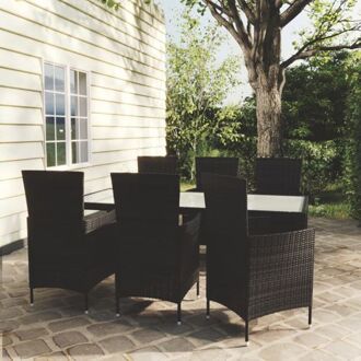 Tuinset - Poly Rattan - Zwart - 190 x 90 x 75 cm - 1 tafel 6 stoelen 6 kussens