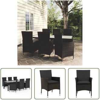 Tuinset - Poly Rattan - Zwart - 190 x 90 x 75 cm - 1 tafel 6 stoelen 6 kussens