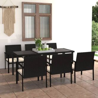Tuinset - Rattan - Zwart - 180x70x73 cm - Poly rattan - gepoedercoat staal - Inclusief 6 stoelen en