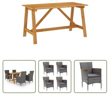 Tuinset Rockport - Eettafel van Massief Acaciahout - Stoelen met PE Rattan - Grijs - Met Kussens