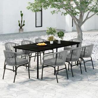 Tuinset - Stalen frame - glazen tafelblad - PVC-rattan stoelen - 200x100x74 cm - Zwart Grijs