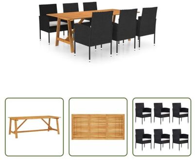 Tuinset - Tafel 206x100x74cm - Stoel 52x56x88cm - Zwart/Crèmewit - Acaciahout/PE rattan