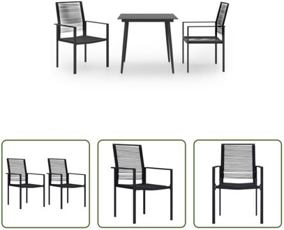 Tuinset - The Living Store - Tafel en stoelen - 80 x 80 x 74 cm - Zwart - Glas en gepoedercoat staal