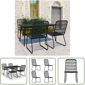 Tuinset Zwart - 150x80x74 cm - Poly Rattan Stoelen - Gepoedercoat Staal - Glas Tafelblad