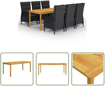 Tuinset Zwart - Acaciahouten Eettafel 200x90x74 cm - PE Rattan Stoelen 58x63x108 cm incl - Kussens