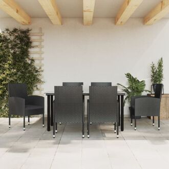 Tuinset - zwart - poly rattan - 6 stoelen - tafel 160x80x74cm - incl - kussens