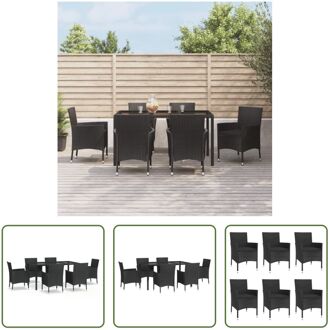 Tuinset Zwart - Poly Rattan - Eettafel 150x90x75 cm - 6 Stoelen - Zitkussens