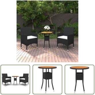 Tuinset - Zwart Poly Rattan - Massief Acaciahout - 60 x 75 cm - 2 Stoelen - Crèmewit Kussen