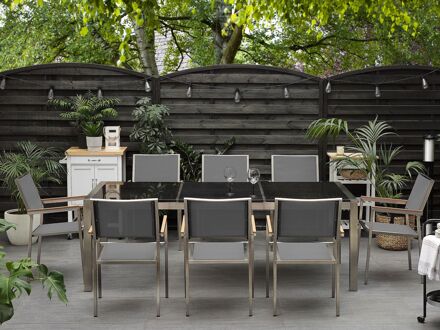 Tuinset zwart tafelblad 220 x 100 cm, 8 stoelen grijs GROSSETO