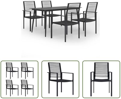 Tuinset - Zwarte eettafel en stoelen - Gepoedercoat staal - Glas tafelblad- Waterbestendig PVC-rattan