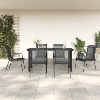 Tuinset - Zwarte Tuinstoelen en Tafel - Gepoedercoat Staal - Gehard Glas - 160x80x74cm - Comfortabel