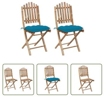 Tuinstoel Set - Massief bamboe - Inklapbaar - Lichtblauw kussen - 50x42x92 cm - Set van 2