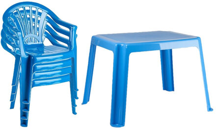 Tuinstoelen en tafel set voor kinderen - kunststof - blauw - met 4x stoelen - buiten/binnen