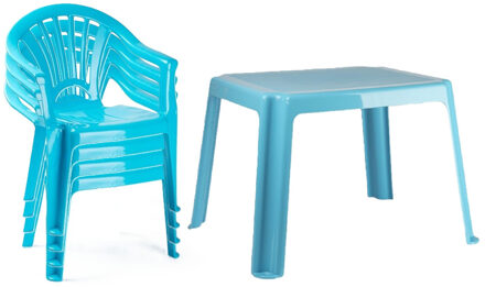 Tuinstoelen en tafel set voor kinderen - kunststof - lichtblauw - met 4x stoelen - buiten/binnen