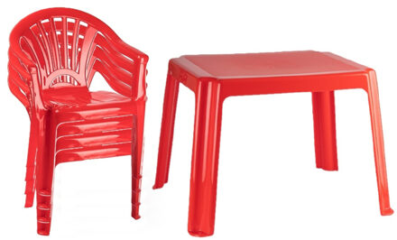 Tuinstoelen en tafel set voor kinderen - kunststof - rood - met 4x stoelen - buiten/binnen