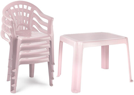 Tuinstoelen en tafel set voor kinderen - kunststof - roze - met 4x stoelen - buiten/binnen