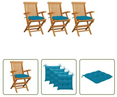 Tuinstoelenset - Teakhout - 3 stoelen - 55 x 60 x 89 cm - Lichtblauw kussen