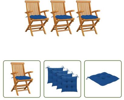 Tuinstoelenset - Teakhout - 3 stoelen - 55x60x89 cm - Blauw kussen