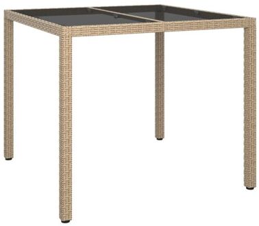 Tuintafel 90x90x75 cm gehard glas en poly rattan beige